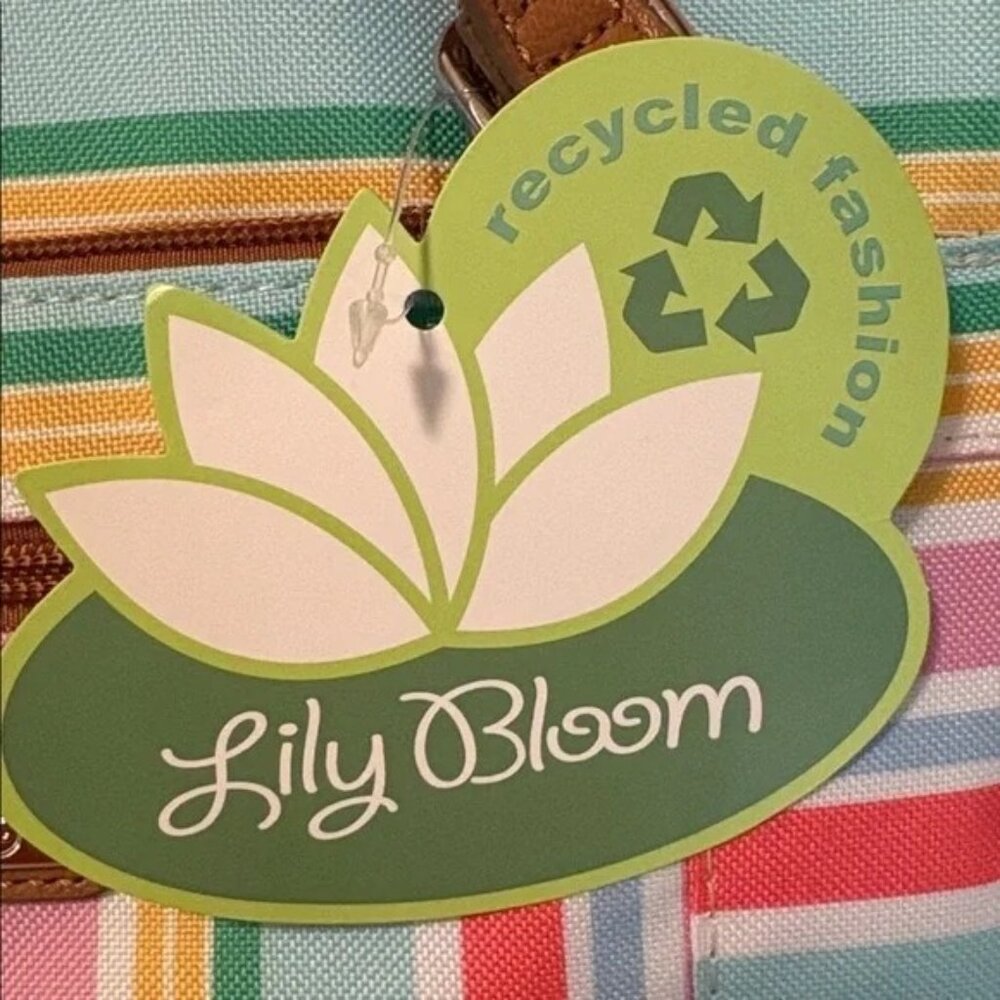 Lily Bloom Striped Tote Bag Recycled Material Multicolor With Brown Handles & Fl - Picture 6 of 8